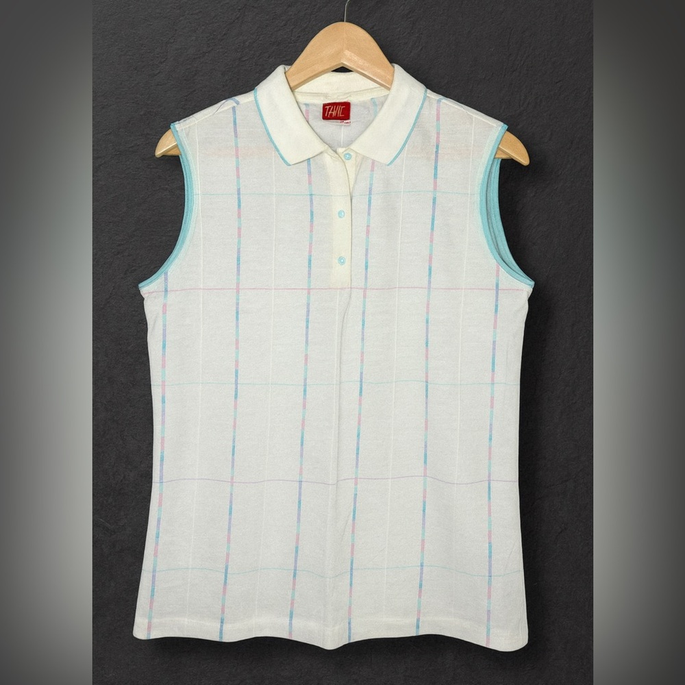 80s Vintage TAIL Womens White Sleeveless Striped Top sz M USA Resort Golf Preppy